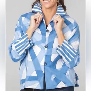 Kay Chapman Linen Blue White Abstract Pattern Blouse size medium